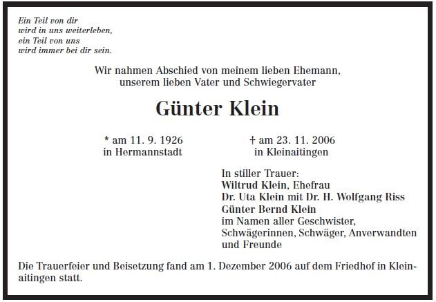 Klein Guenter 1926-2006 Todesanzeige